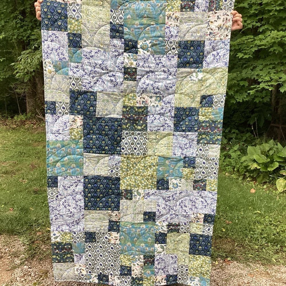 NWT. Hand Crafted Blues and Greens Gardens Quilt with Liberty Lawn Fabrics